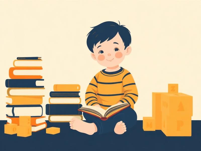 A young child reading beside a stack of picture books