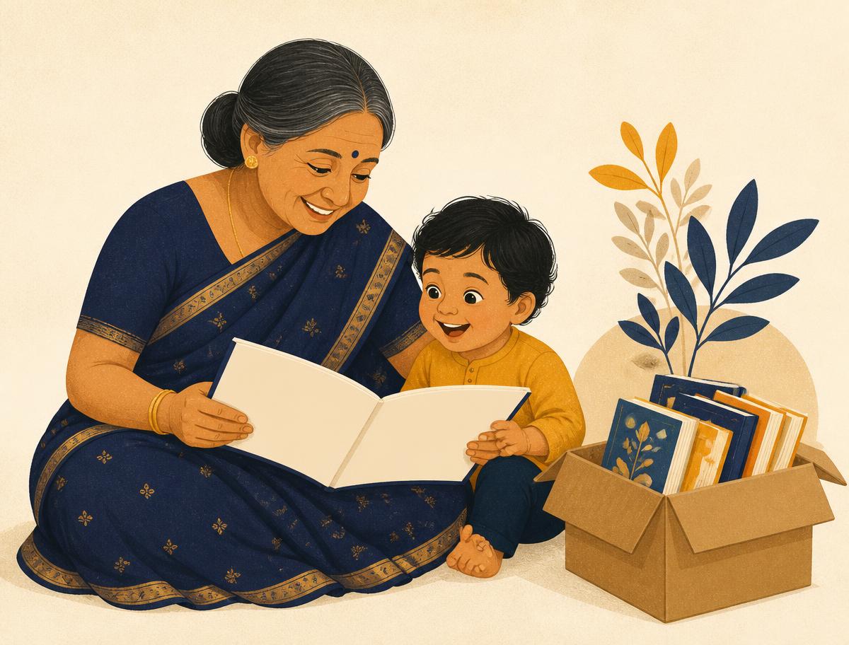 A grandmother reading aloud to a toddler beside a parcel of books